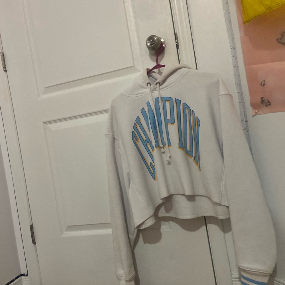 Champion White Hoodie with Blue and Yellow Logo